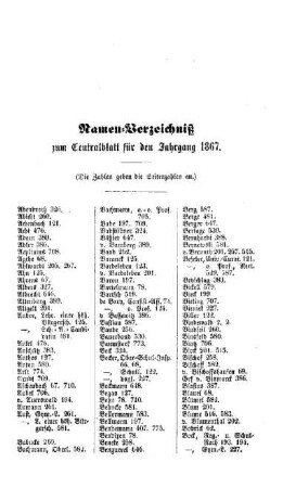 Namen-Verzeichniß zum Centralblatt für den Jahrgang 1867