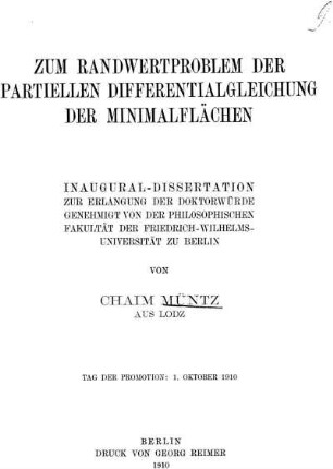 Zum Randwertproblem der partiellen Differentialgleichung der Minimalflächen