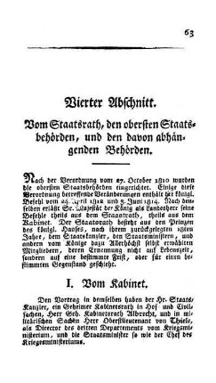 Vierter Abschnitt. Vom Staatsrath, den obersten Staatsbehörden, und den davon abhängenden Behörden