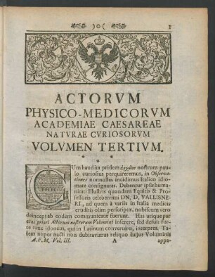 Actorum Physico-Medicorum Academiae Caesareae Naturae Curiosorum Volumen Tertium