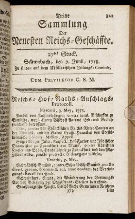 27tes Stuck. Schwabach, den 9. Junii, 1758.