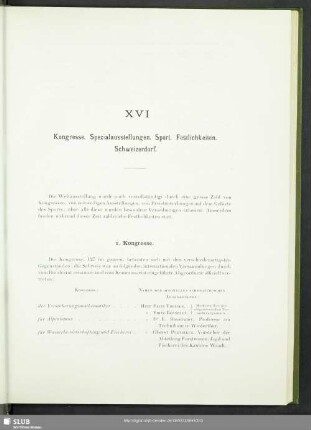 XVI Kongresse. Spezialausstellungen. Sport. Festlichkeiten. Schweizerdorf
