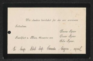 Brief von Anna Spier, Oscar Spier und Else Spier an Gerhart Hauptmann