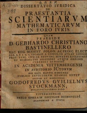 Dissertatio iuridica de praestantia scientiarum mathematicarum in foro iuris