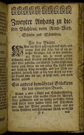 Zweyter Anhang zu diesem Büchlein, vom Rind-Vieh, Schafen und Schweinen.