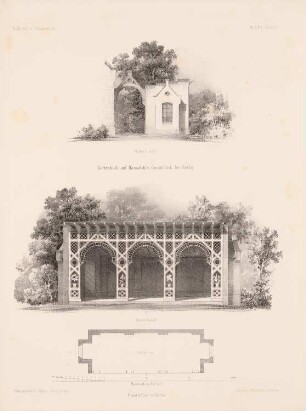 Gartenhalle auf Hauschilds Grundstück, Berlin-Niederschönhausen: Grundriss, Vorderansicht, Seitenansicht (aus: Architektonisches Skizzenbuch, H. 14, 1854)