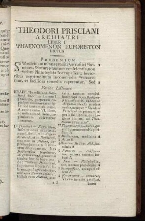 Theodori Prisciani Archiatri Liber I Phaenomenon Euporiston Dictus.
