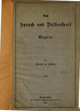 Vom Sprach- und Völkerstreit in Ungarn : [Umschlagt.]