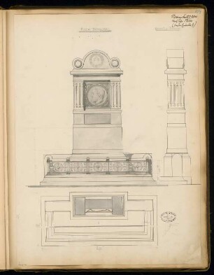 Grabdenkmal für Geheimrat Koch, Thale Monatskonkurrenz November 1877: 1. Entwurf: Grundriss, Aufriss Vorderansicht, Seitenansicht; Maßangaben