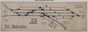 Niederpleis, Bahnhof: Schematischer Gleisplan. Sicherung der Bahnhofseinfahrten durch Lichtsignale / Tageslichtsignale.