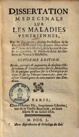 Dissertation medicinale sur les maladies Veneriennes