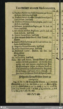 Taxa meiner arcanen Medicamenten