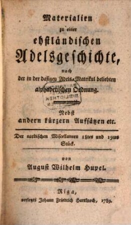 Der nordischen Miscellaneen ... Stück. 18/19, 18/19. 1789