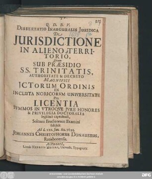 Dissertatio Inauguralis Iuridica De Iurisdictione In Alieno Territorio