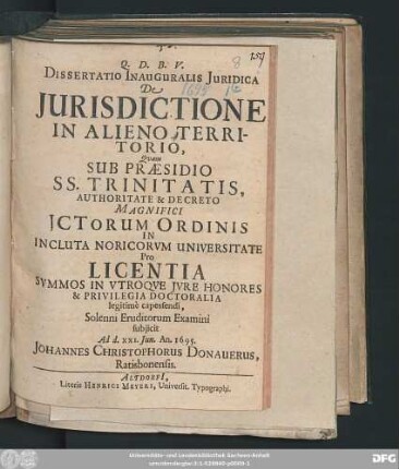 Dissertatio Inauguralis Iuridica De Iurisdictione In Alieno Territorio
