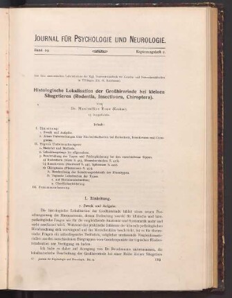 Histologische Lokalisation der Großhirnrinde bei kleinen Säugetieren (Rodentia, Insectivora, Chiroptera) : 15 Doppeltaf.
