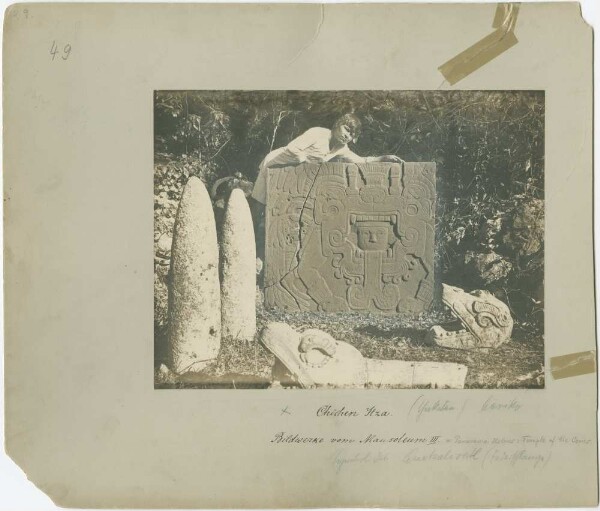 "Relief and large sculptures, presumably from the Venus platform (with expedition member)."