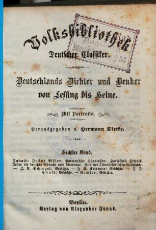 Volksbibliothek Deutscher Classiker : Deutschlands Dichter und Denker von Lessing bis Heine. 6., Justus Möser