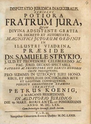 Disputatio Iuridica Inauguralis, Exhibens Potiora Fratrum Iura