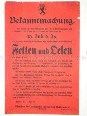Maueranschlag zur Registrierung der Bestände an Fetten und Ölen