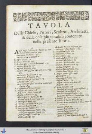 Tavola Delle Chiese, Pittori, Scultori, Architetti, et delle cose più notabili contenute nella presente Istoria.