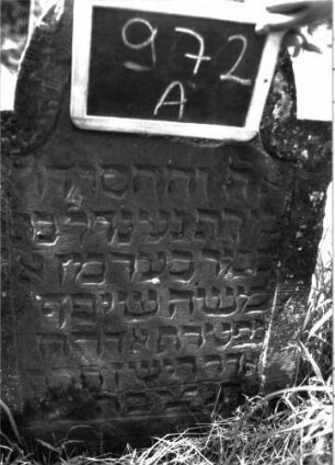 Grabstein 972 (Index: 100103901) Material: Sandstein Zustand: gut erhalten Maße HxBxT: 83x52x8 cm Beschreibung: Stele, eingezogener Rundbogenabschluss, Schriftfeld eingetieft mit Konvexbogenabschluss: Grabstein 972A