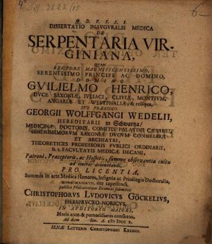 Dissertatio Inavgvralis Medica De Serpentaria Virginiana