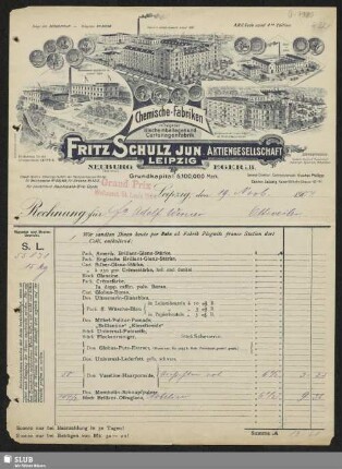 Fritz Schulz jun. Aktiengesellschaft, Leipzig, Chemische Fabriken Leipzig, Neuburg (Donau), Eger i. B. : Rechnung