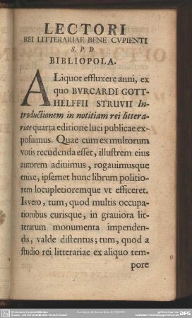 Lectori Rei Litterariae Bene Cupienti S.P.D. Bibliopola