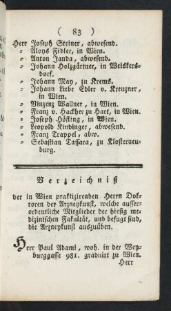 Verzeichniß der in Wien praktizirenden Herrn Doktoren der Artzneykunst, ...