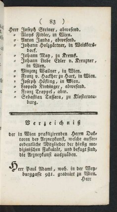 Verzeichniß der in Wien praktizirenden Herrn Doktoren der Artzneykunst, ...