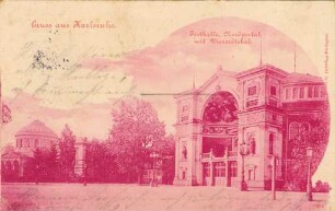 Postkartenalbum mit Motiven von Karlsruhe. "Gruß aus Karlsruhe. Festhalle, Nordportal mit Vierordtsbad". Eingangsbereich der Festhalle