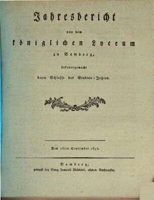 Jahresbericht über die Königliche Studienanstalt zu Bamberg. 1813/14