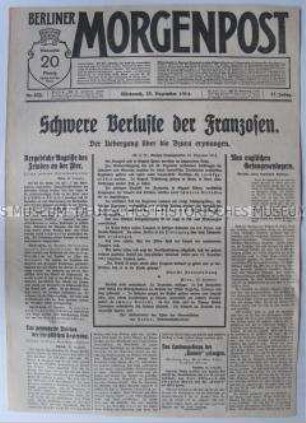 Tageszeitung "Berliner Morgenpost" mit Nachrichten und Berichten von verschiedenen Kriegschauplätzen