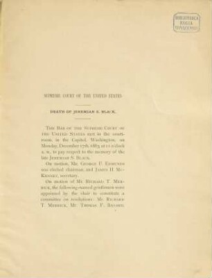 Proceedings in the Supreme Court of the United States on the Death of Jeremiah S. Black