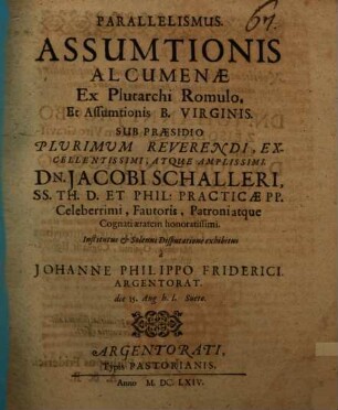 Parallelismus assumtionis Alcumenae ex Plutarchi Romulo, et assumtionis B. Virginis