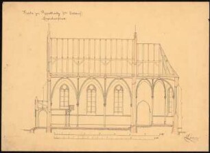 Kirche, Romolkwitz 2. Projekt: Längsschnitt, 2 Maßstabsleisten (Fuß, Meter)