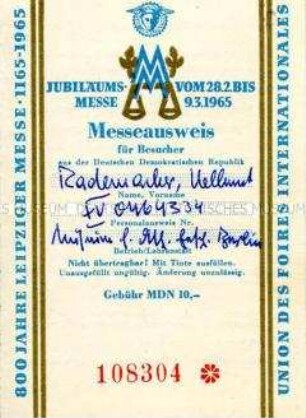 Besucher-Ausweis für die Leipziger Frühjahrsmesse 1965