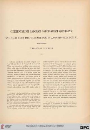 1: Commentarium ludorum saecularium quintorum qui facti sunt imp. Caesare Divi F. Augusti Trib. Pot. VI