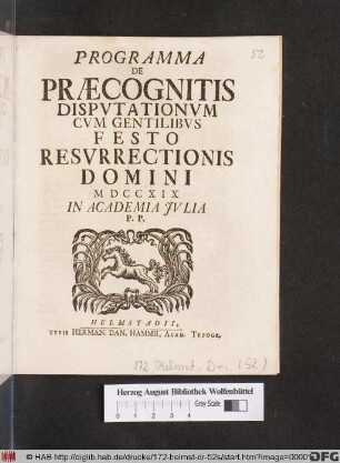 Programma De Præcognitis Dispvtationvm Cvm Gentilibvs Festo Resvrrectionis Domini MDCCXIX In Academia Jvlia P.P.