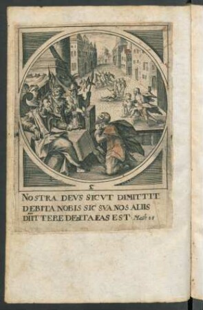 Kupferstich: Gleichnis vom Schalksknecht (Mt 18,23-34) mit Distichon
