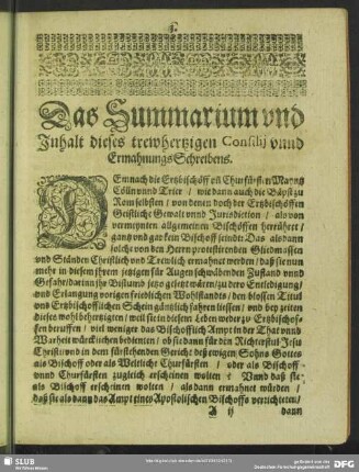 Das Summarium und Inhalt dieses trewhertzigen Consilij unnd ErmahnungsSchreibens