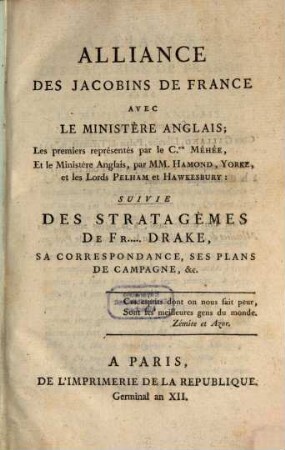 Alliance des Jacobins de France avec le Ministère Anglais