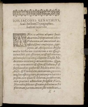 Joh. Jacobus Genathius, Acad. Basileens. Typographus, Lectori benevolo S.