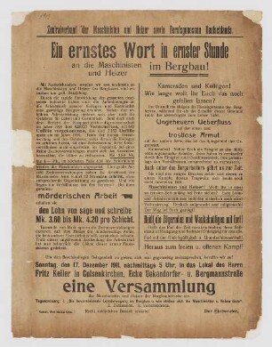 "Ein ernstes Wort in ernster Stunde an die Maschinisten und Heizer im Bergbau"