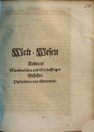 Wunderliche und warhafftige Gesichte Philanders von Sittewald, 2. Welt-Wesen