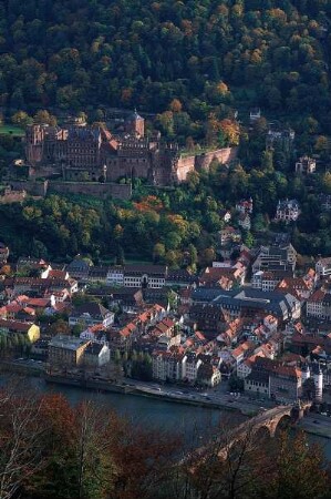 Deutschland. Baden Württemberg. Heidelberg. Schloss. Stadtpanorama mit Herbstwald