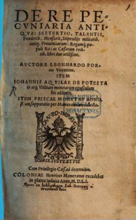 De re pecuniaria antiqua: sestertio, talentis ...