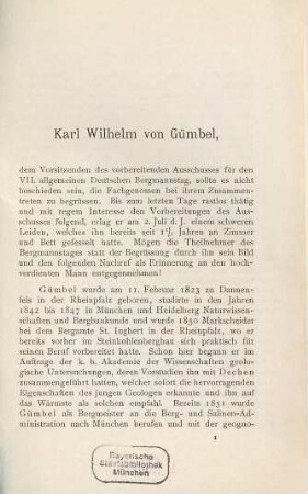 VII. allgemeiner deutscher Bergmannstag München 1898 : Nachruf an K. W. von Gümbel. (mit Portrait.). Führer durch die geologischen und mineralogischen Sammlungen Münchens und durch die Institute der technischen Hochschule. Geologischer Ueberblick der Münchner Gegend (mit Karte.) Plan von München. (Wegweiser zu den Festlokalitäten)
