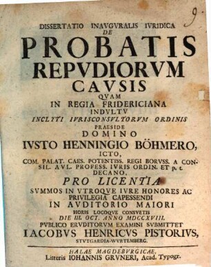 Dissertatio Inavgvralis Ivridica De Probatis Repvdiorvm Cavsis